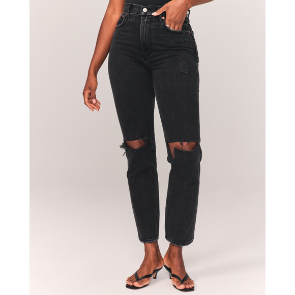 Abercrombie & Fitch Curve Love Ultra High Rise Straight Jeans Ripped Black 25 - Picture 1 of 12